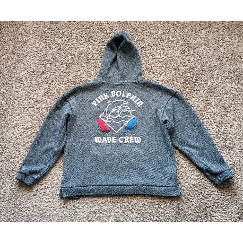 Pink Dolphin Hoodie Men's Size Medium Embroidered Woven Gray Sweatshirt